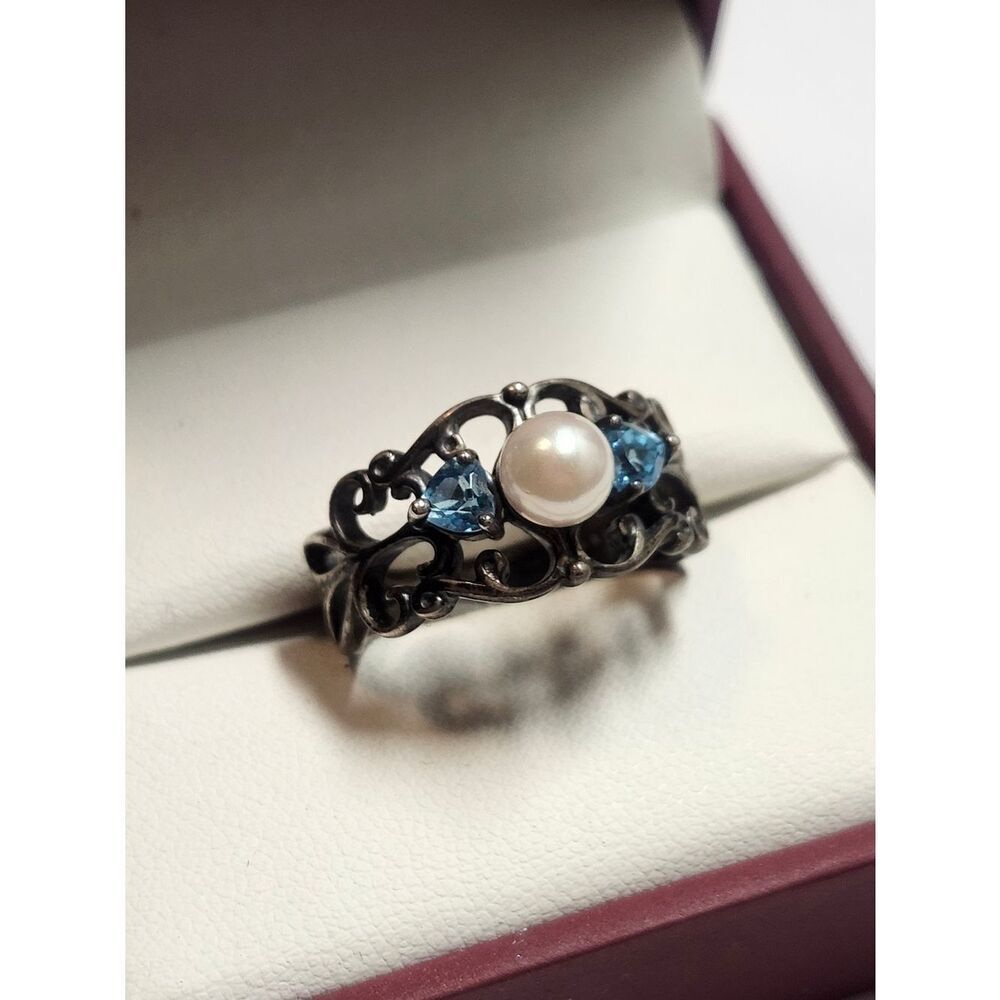 Sterling Silver Pearl and Blue Topaz Filigree Ring Oxidized Size 8.75
